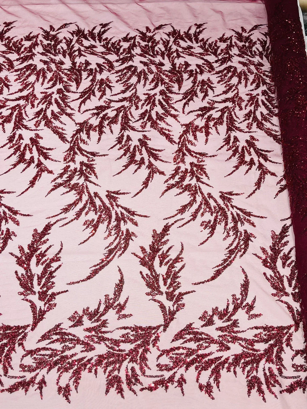 Leaf Plant Cluster Design Fabric - Burgundy - Beaded Embroidered Leaves Design on Lace Mesh By Yard