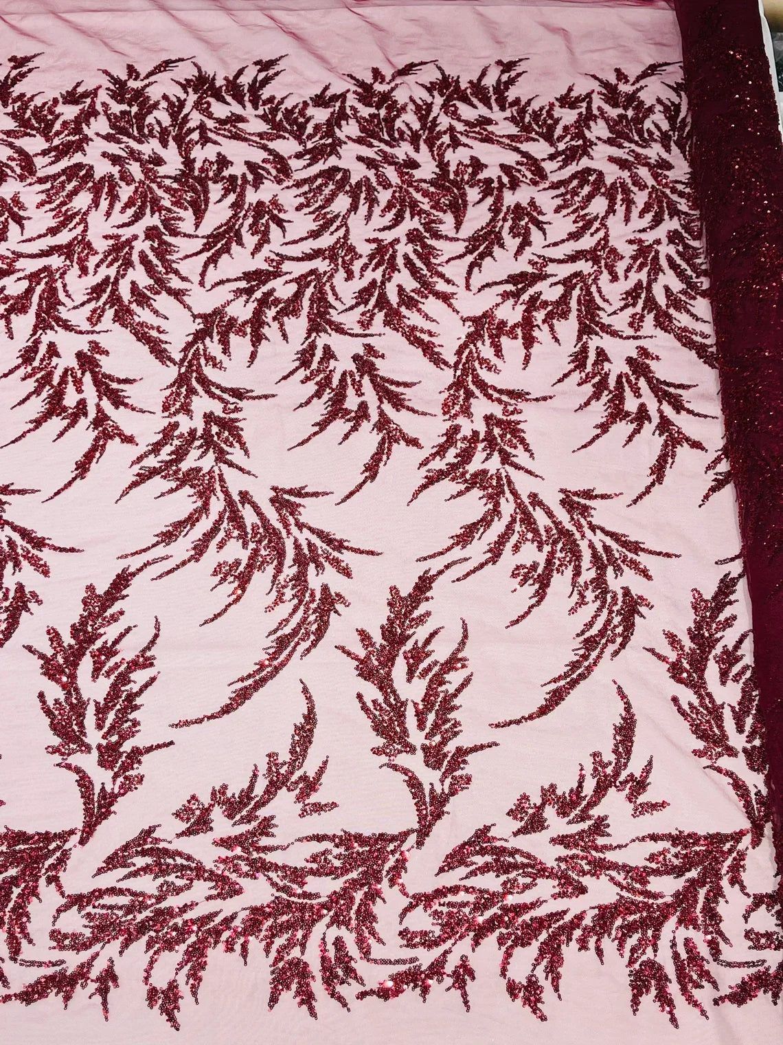 Leaf Plant Cluster Design Fabric - Burgundy - Beaded Embroidered Leaves Design on Lace Mesh By Yard