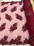 3D Floral Clusters with Rhinestone - Burgundy Embroidered Flowers Beads On Lace Yard