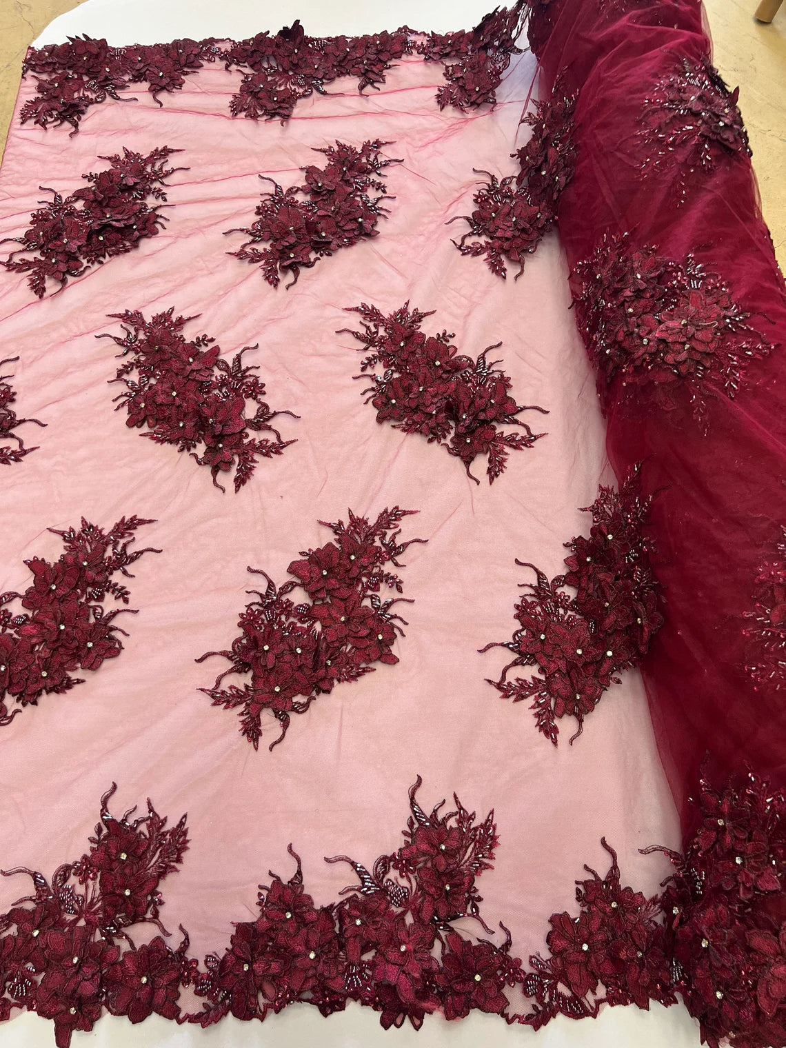 3D Floral Clusters with Rhinestone - Burgundy Embroidered Flowers Beads On Lace Yard