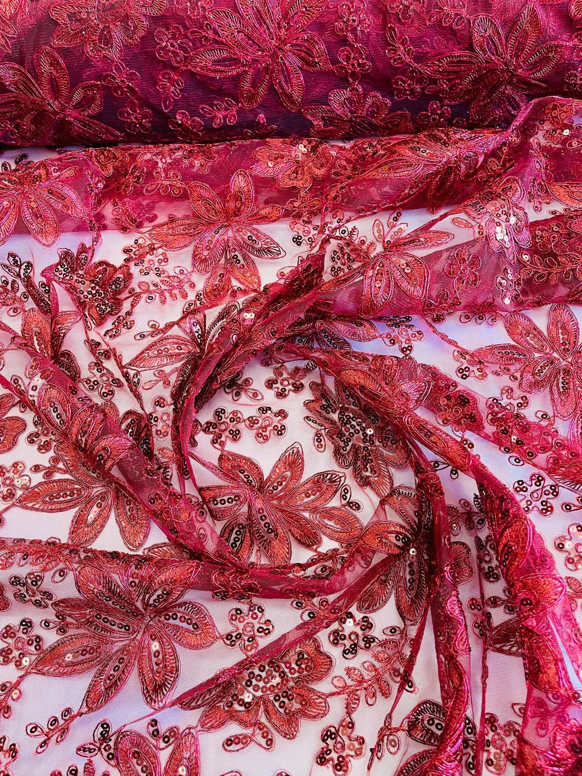Holographic Sequins Lace - Burgundy - Flower Sequins Lace Design w/ Metallic Thread by Yard