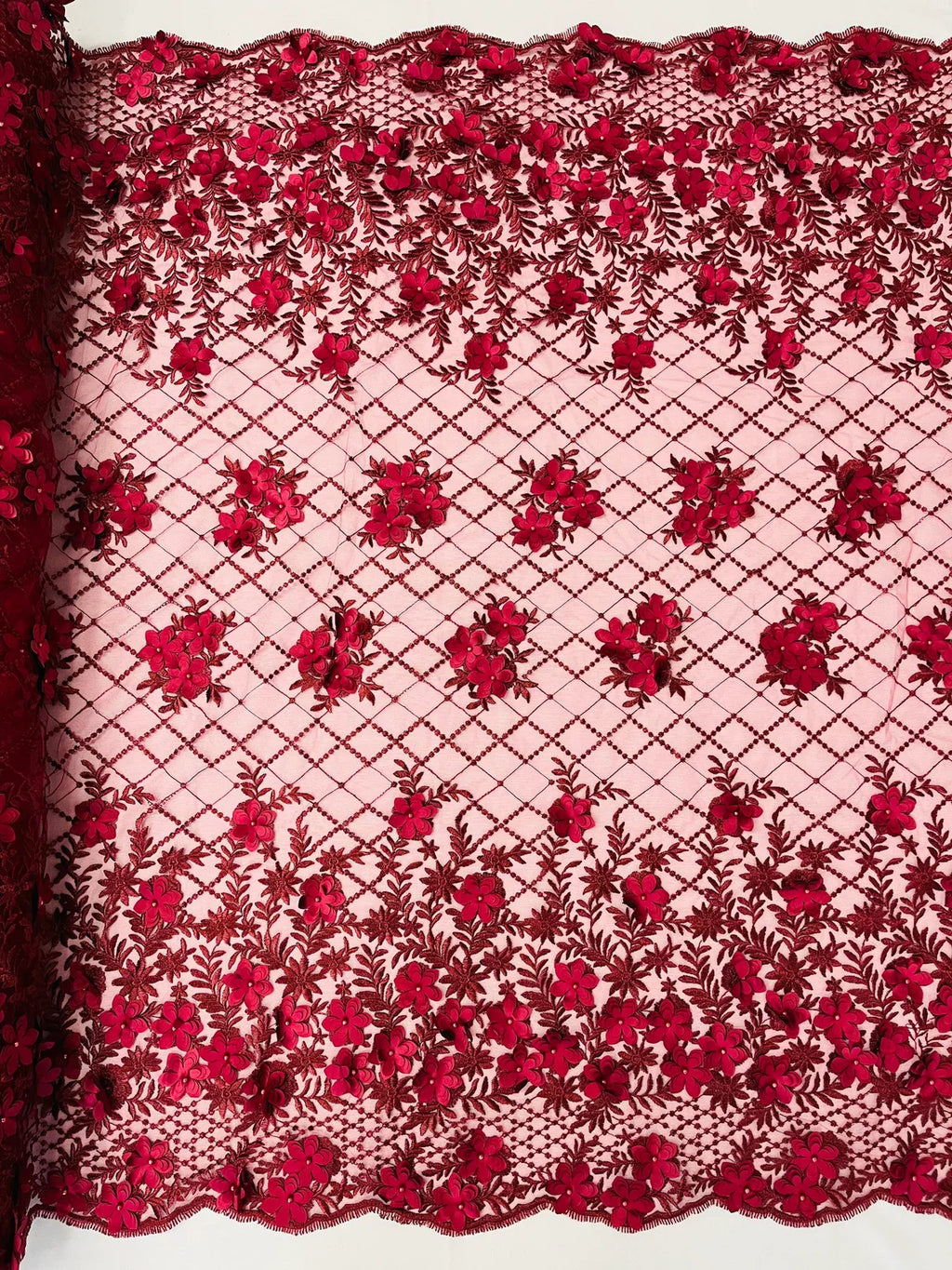 3D Floral Pearl Fabric - Burgundy - 3D Triangle Flower Design on Mesh By Yard