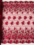 3D Floral Pearl Fabric - Burgundy - 3D Triangle Flower Design on Mesh By Yard