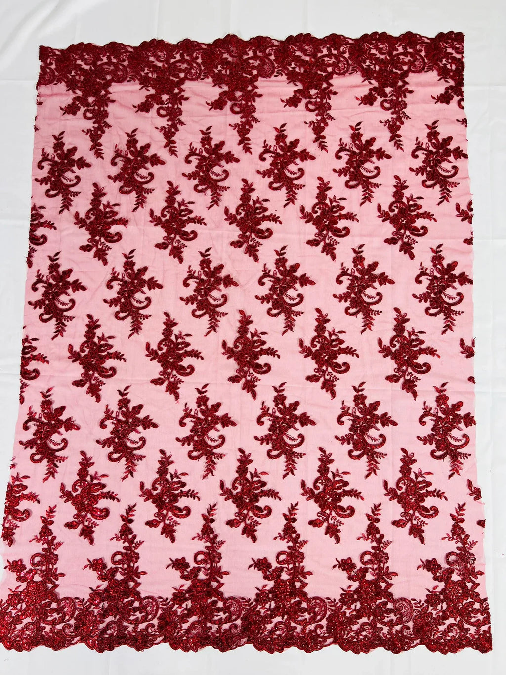 Lace Flower Cluster Fabric - Burgundy - Embroidered Flower With Sequins on a Mesh Lace Fabric By Yard