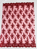 Lace Flower Cluster Fabric - Burgundy - Embroidered Flower With Sequins on a Mesh Lace Fabric By Yard