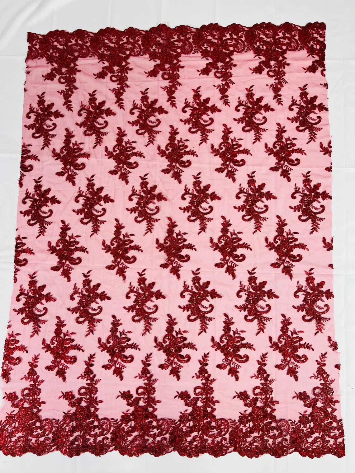Lace Flower Cluster Fabric - Embroidered Flower With Sequins on a Mesh Lace Fabric - 25 Yard Roll