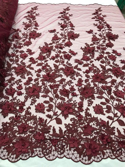 3D Pearl Floral Fabric - Floral Design Embroidered on Mesh Lace Fabric - 25 Yard Roll