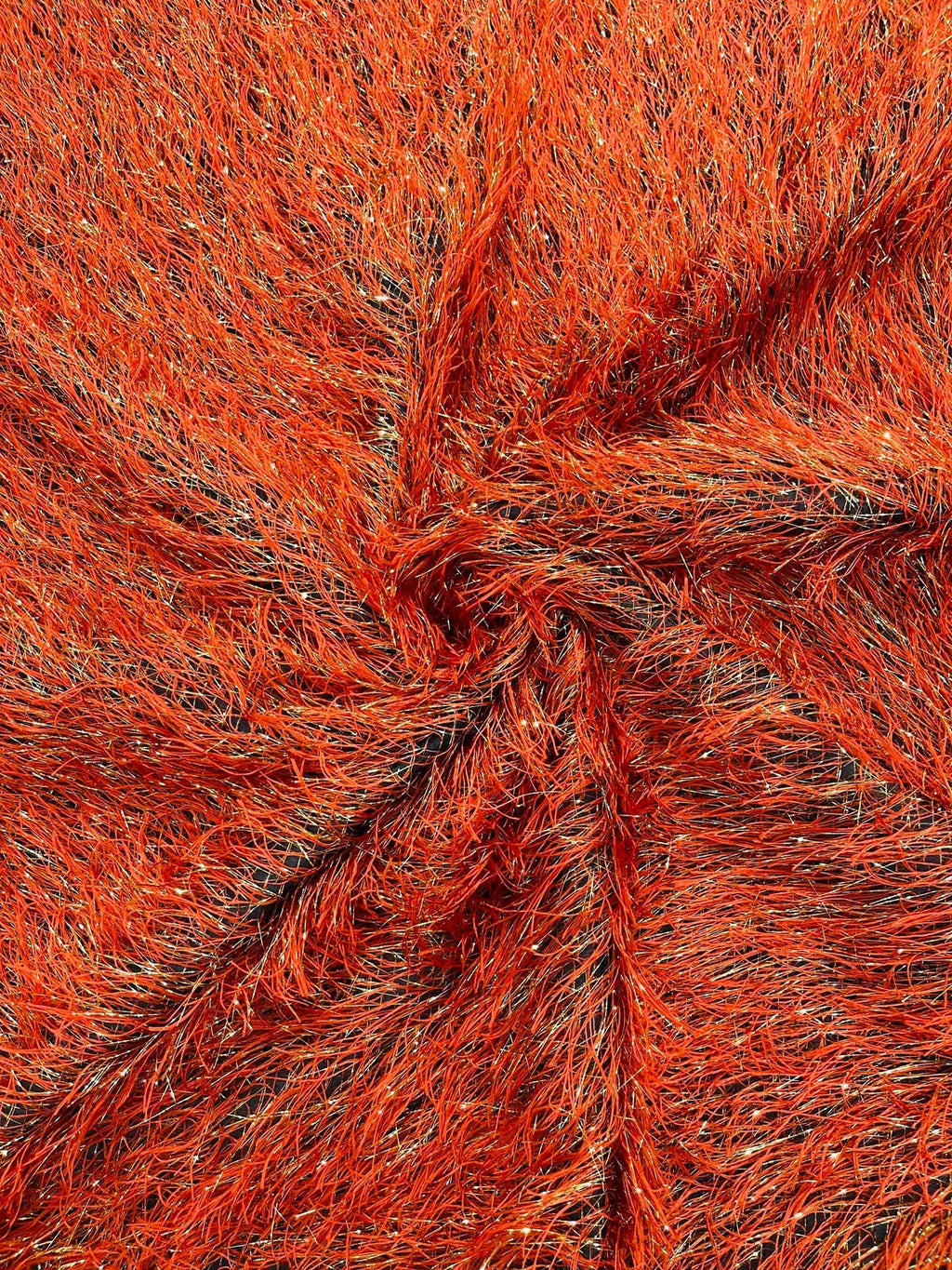 Metallic Eyelash Fabric - Burnt Orange / Gold - Feather/Eyelash/Fringe Design on Mesh By Yard