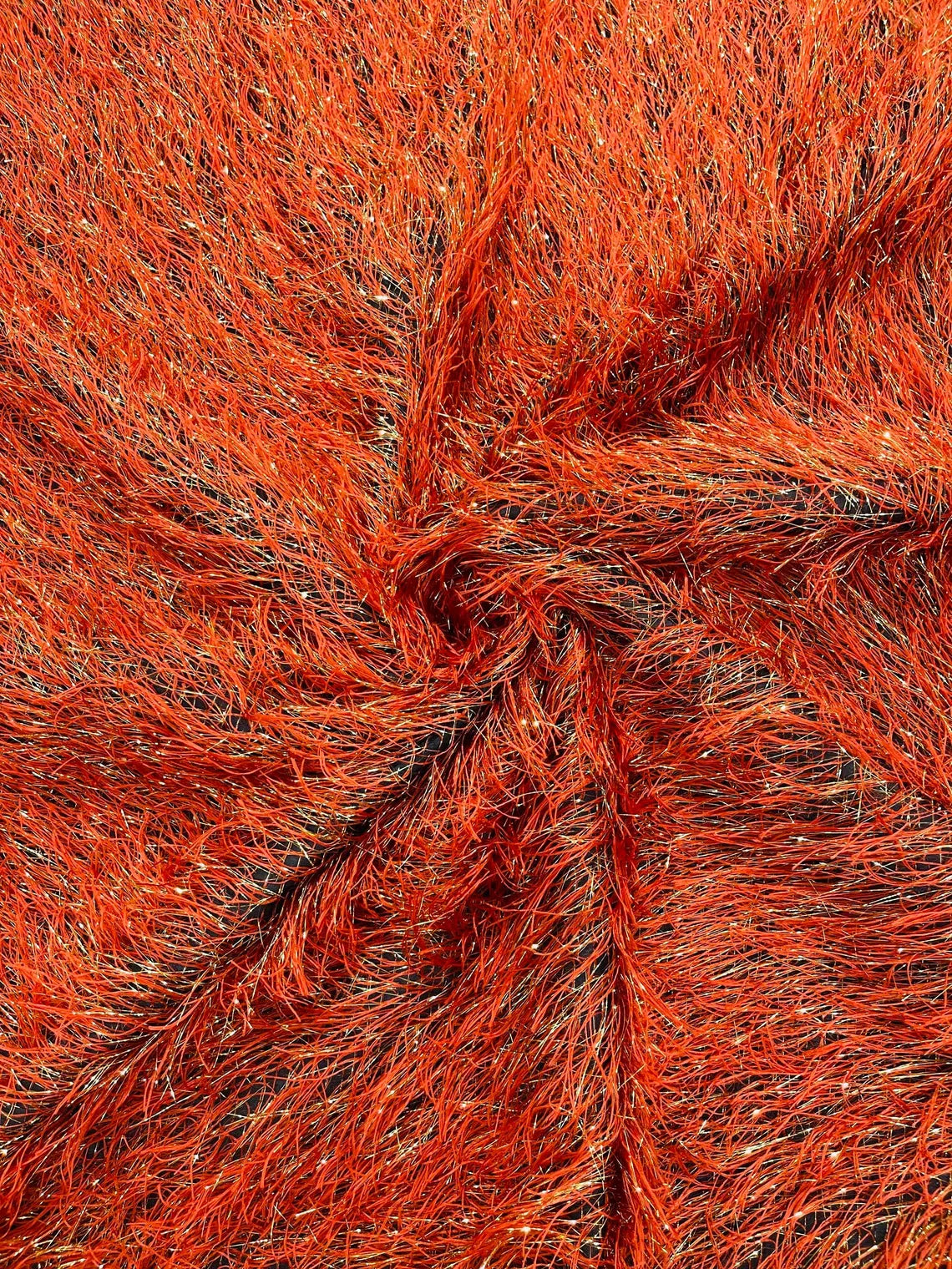 Metallic Eyelash Fabric - Burnt Orange / Gold - Feather/Eyelash/Fringe Design on Mesh By Yard