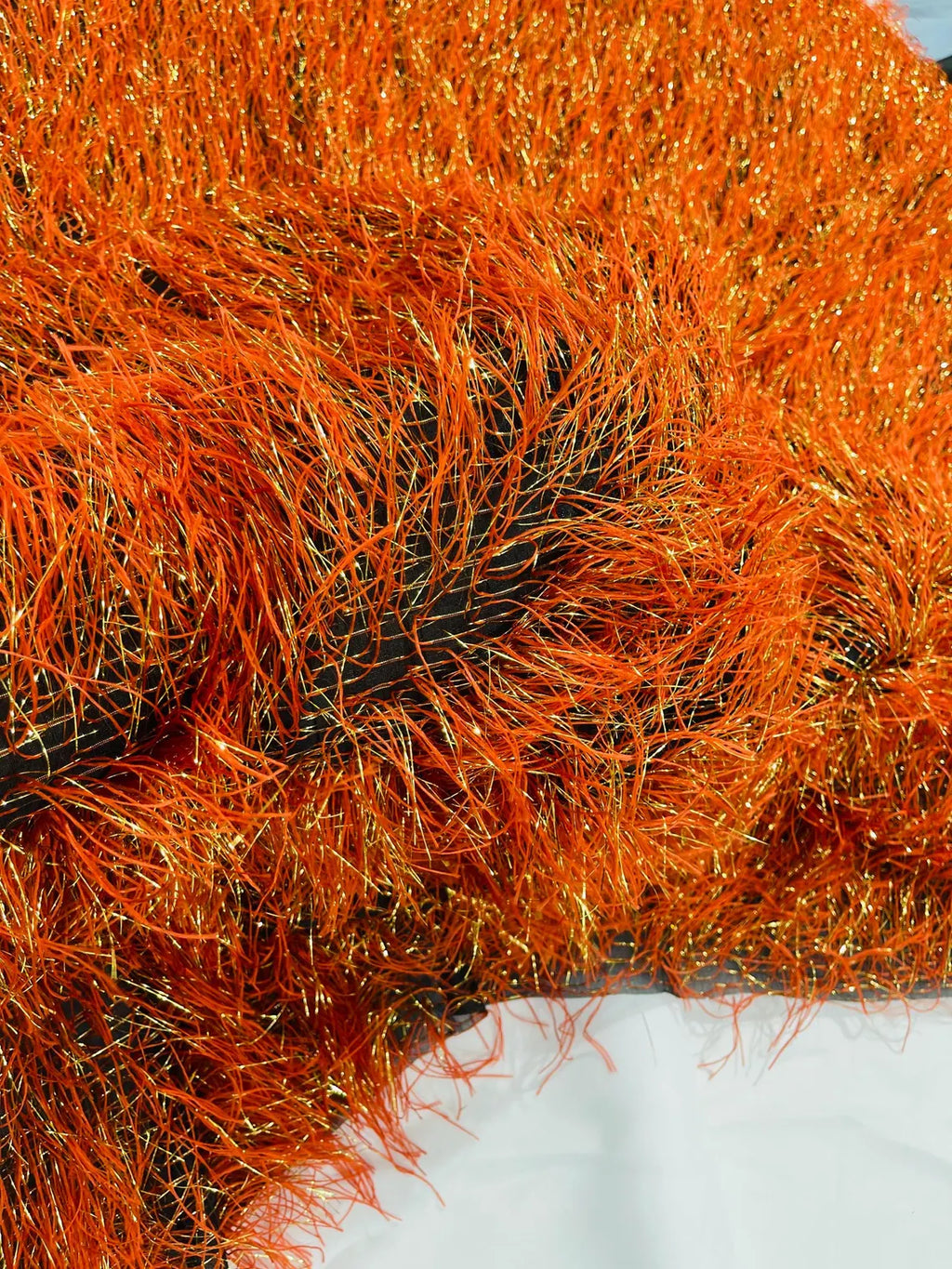 Metallic Eyelash Fabric - Burnt Orange / Gold - Feather/Eyelash/Fringe Design on Mesh By Yard