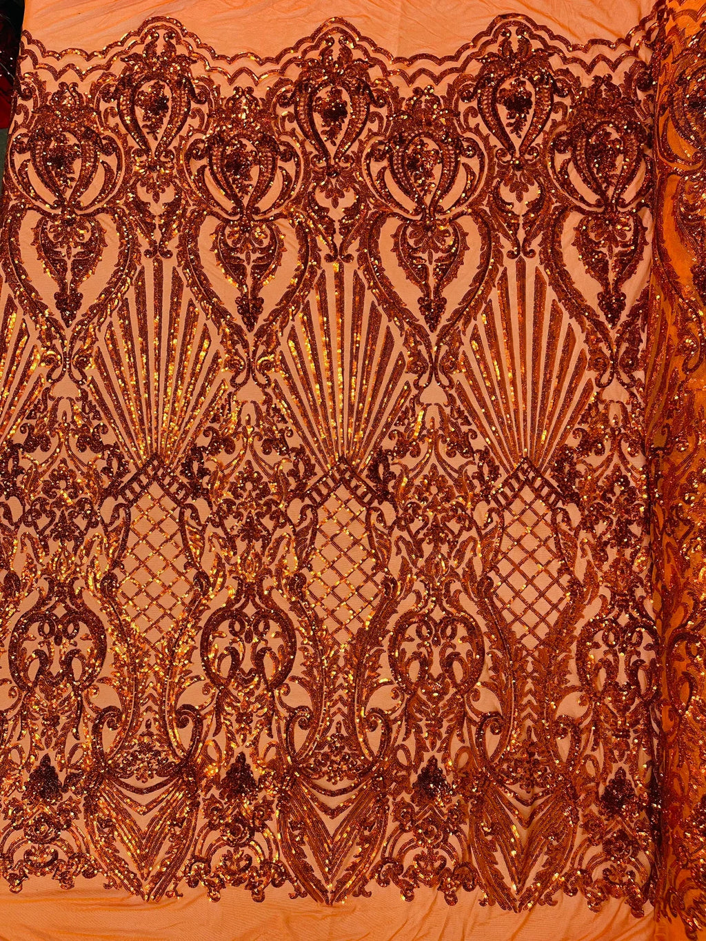 Damask Geometric Sequins - Burnt Orange - 4 Way Stretch Sequins Damask Pattern Design Sold By Yard