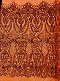 Damask Geometric Sequins - Burnt Orange - 4 Way Stretch Sequins Damask Pattern Design Sold By Yard