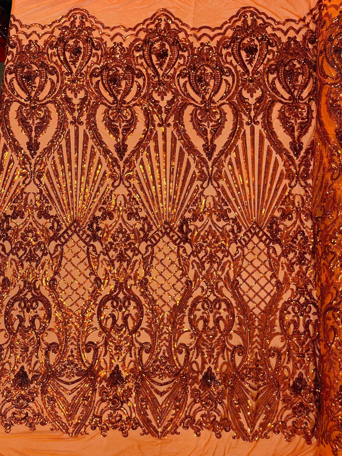 Damask Geometric Sequins - Burnt Orange - 4 Way Stretch Sequins Damask Pattern Design Sold By Yard