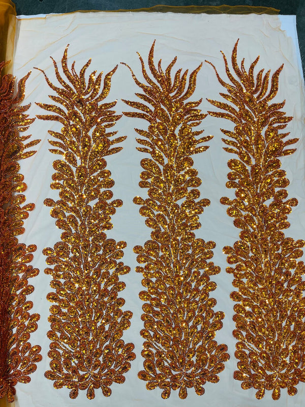 3D Beaded Peacock Feathers - Burnt Orange - Sequins Embroidered Beaded Vegas Design On a Mesh Lace Fabric (Choose The Panels)