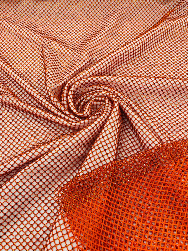 Fish Net Spandex Rhinestone Fabric - Burnt Orange - Solid Spandex Fish Net Design Fabric with Rhinestones by Yard