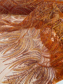 Beaded Lines Fabric - Burnt Orange - Luxury Beads and Sequins Line Design Fabric By Yard