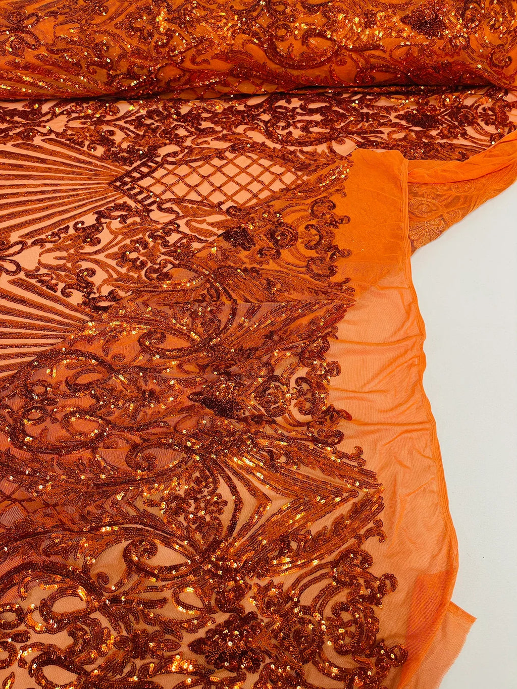 Damask Geometric Sequins - Burnt Orange - 4 Way Stretch Sequins Damask Pattern Design Sold By Yard