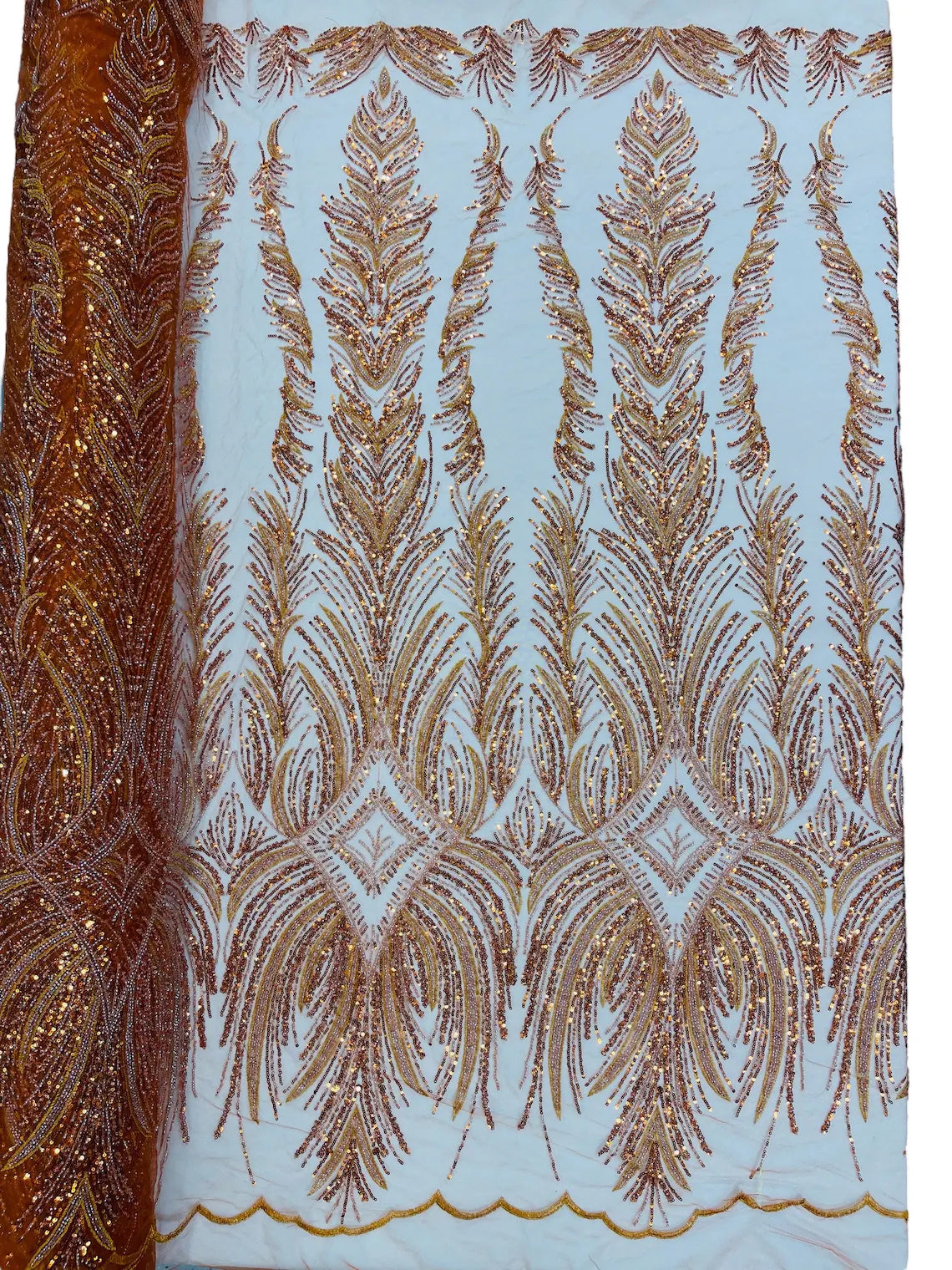 Beaded Lines Fabric - Burnt Orange - Luxury Beads and Sequins Line Design Fabric By Yard