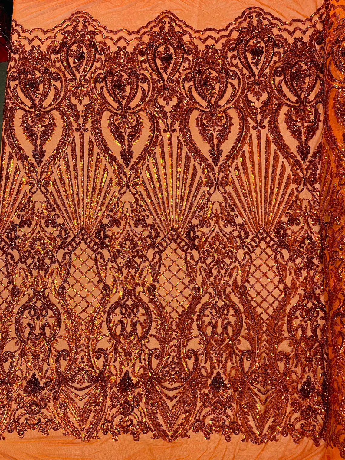 Damask Geometric Sequins - Burnt Orange - 4 Way Stretch Sequins Damask Pattern Design Sold By Yard