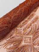 Beaded Lines Fabric - Burnt Orange - Luxury Beads and Sequins Line Design Fabric By Yard