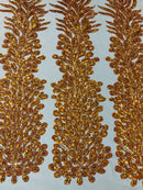 3D Beaded Peacock Feathers - Burnt Orange - Sequins Embroidered Beaded Vegas Design On a Mesh Lace Fabric (Choose The Panels)