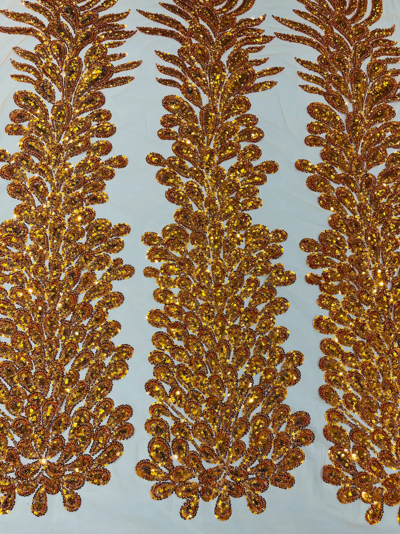 3D Beaded Peacock Feathers - Burnt Orange - Sequins Embroidered Beaded Vegas Design On a Mesh Lace Fabric (Choose The Panels)