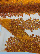3D Beaded Peacock Feathers - Burnt Orange - Sequins Embroidered Beaded Vegas Design On a Mesh Lace Fabric (Choose The Panels)