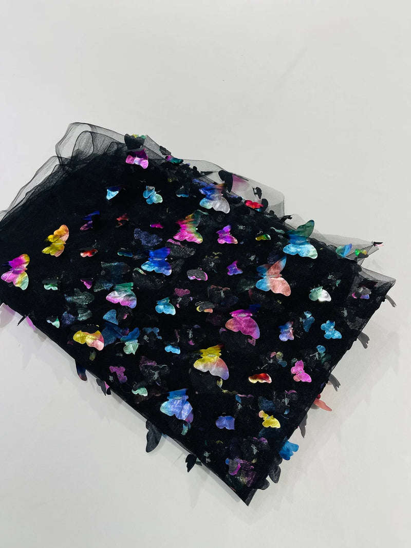 3D Holographic Rainbow Fabric - 3D Rainbow Foil Butterfly on Solid Black Mesh Sold By Yard