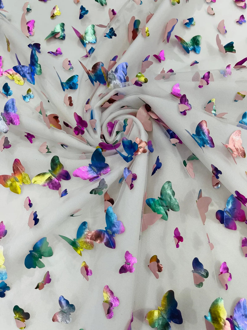 3D Holographic Rainbow Fabric - 3D Rainbow Foil Butterfly on Solid White Mesh Sold By Yard