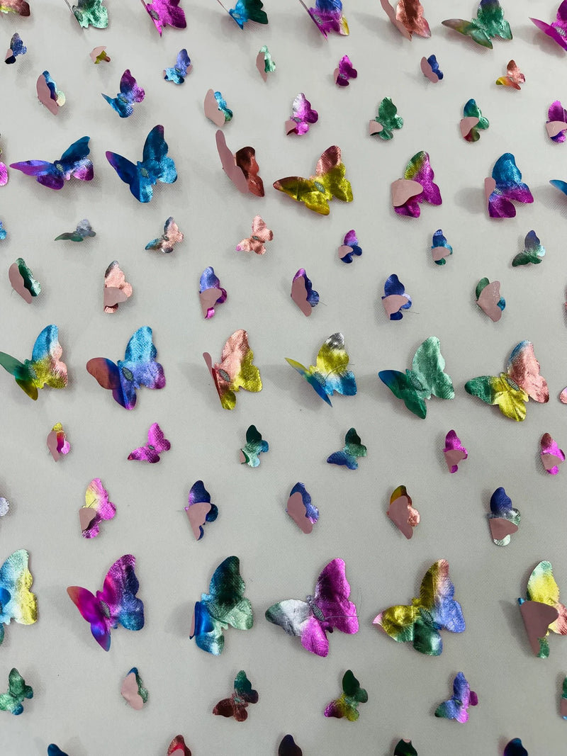 3D Holographic Rainbow Fabric - 3D Rainbow Foil Butterfly on Solid White Mesh Sold By Yard