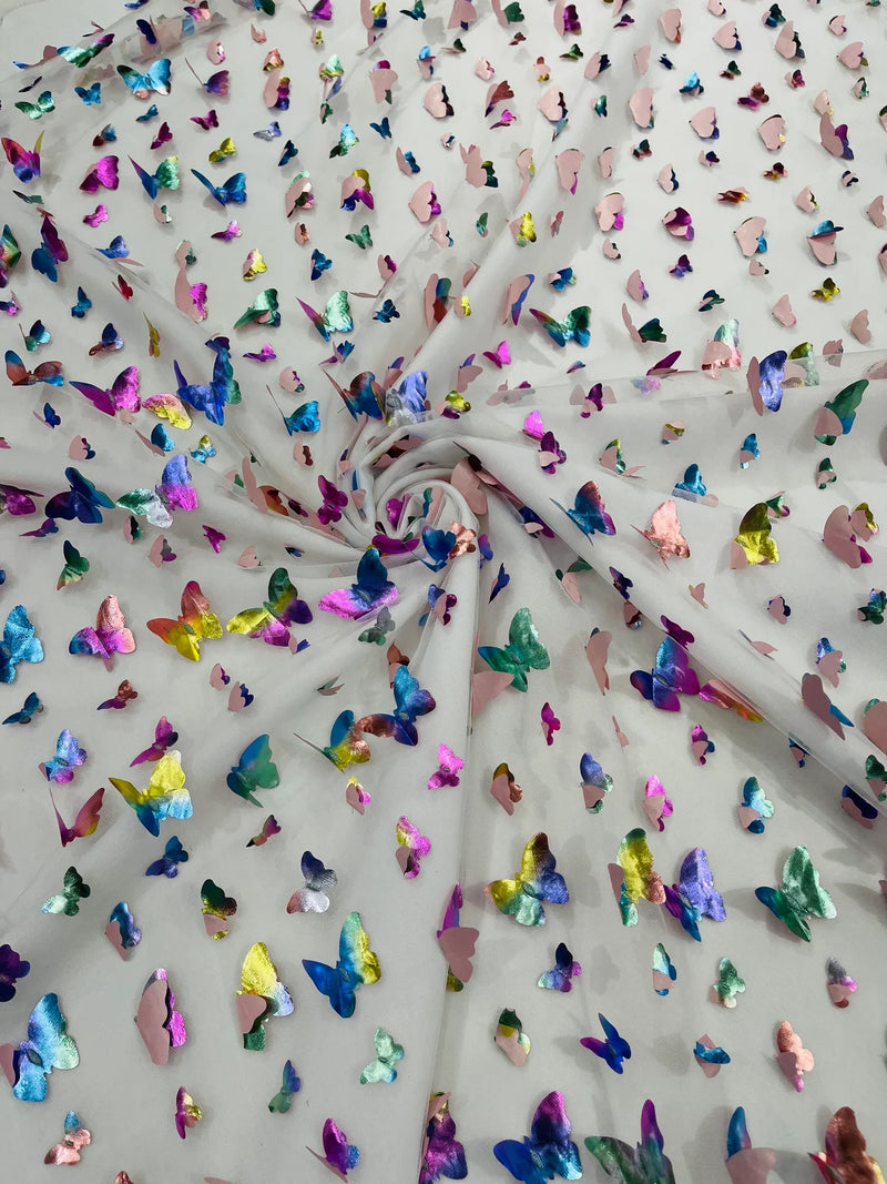 3D Holographic Rainbow Fabric - 3D Rainbow Foil Butterfly on Solid White Mesh Sold By Yard
