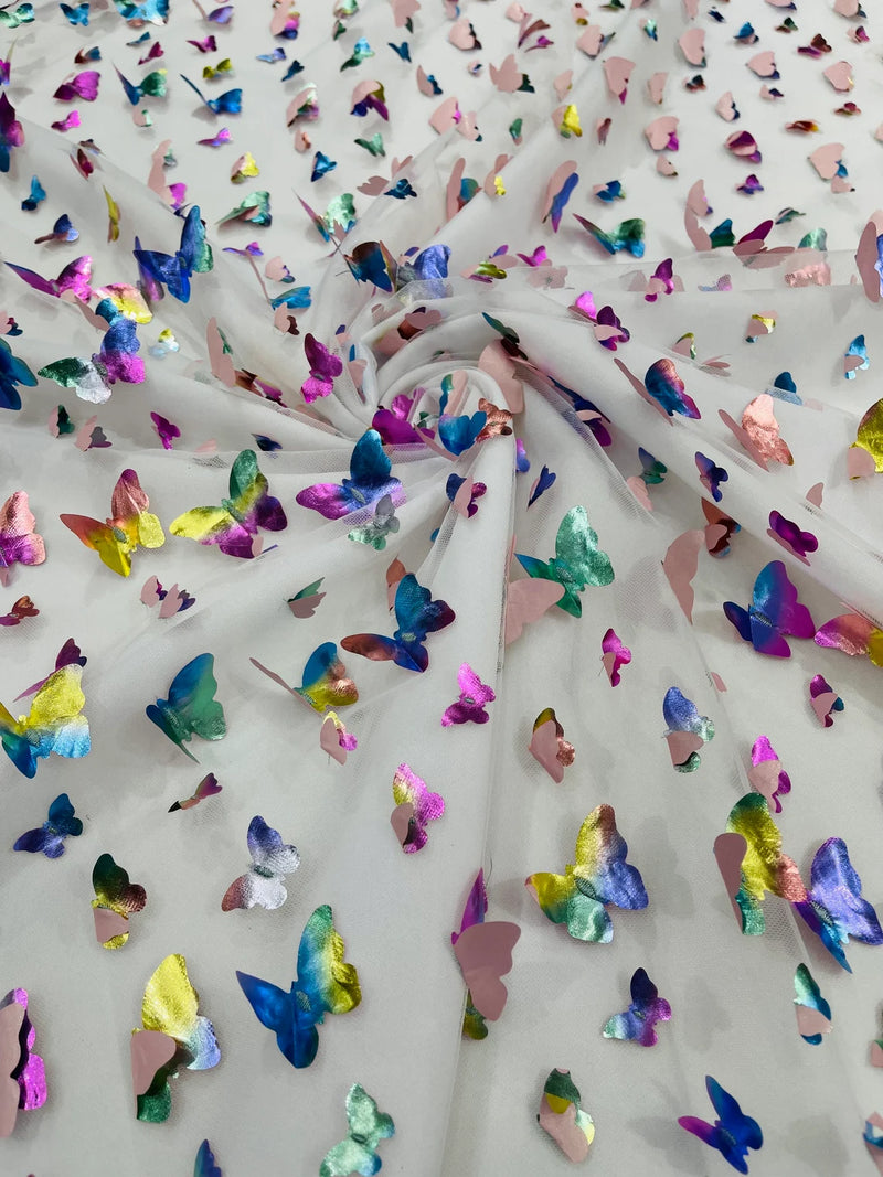 3D Holographic Rainbow Fabric - 3D Rainbow Foil Butterfly on Solid White Mesh Sold By Yard