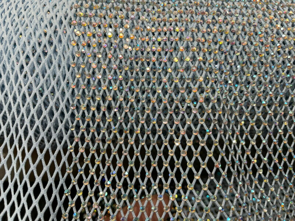 Iridescent Rhinestones Fabric On Baby Blue Stretch Net Fabric, Fish Net with Crystal Stones by yard