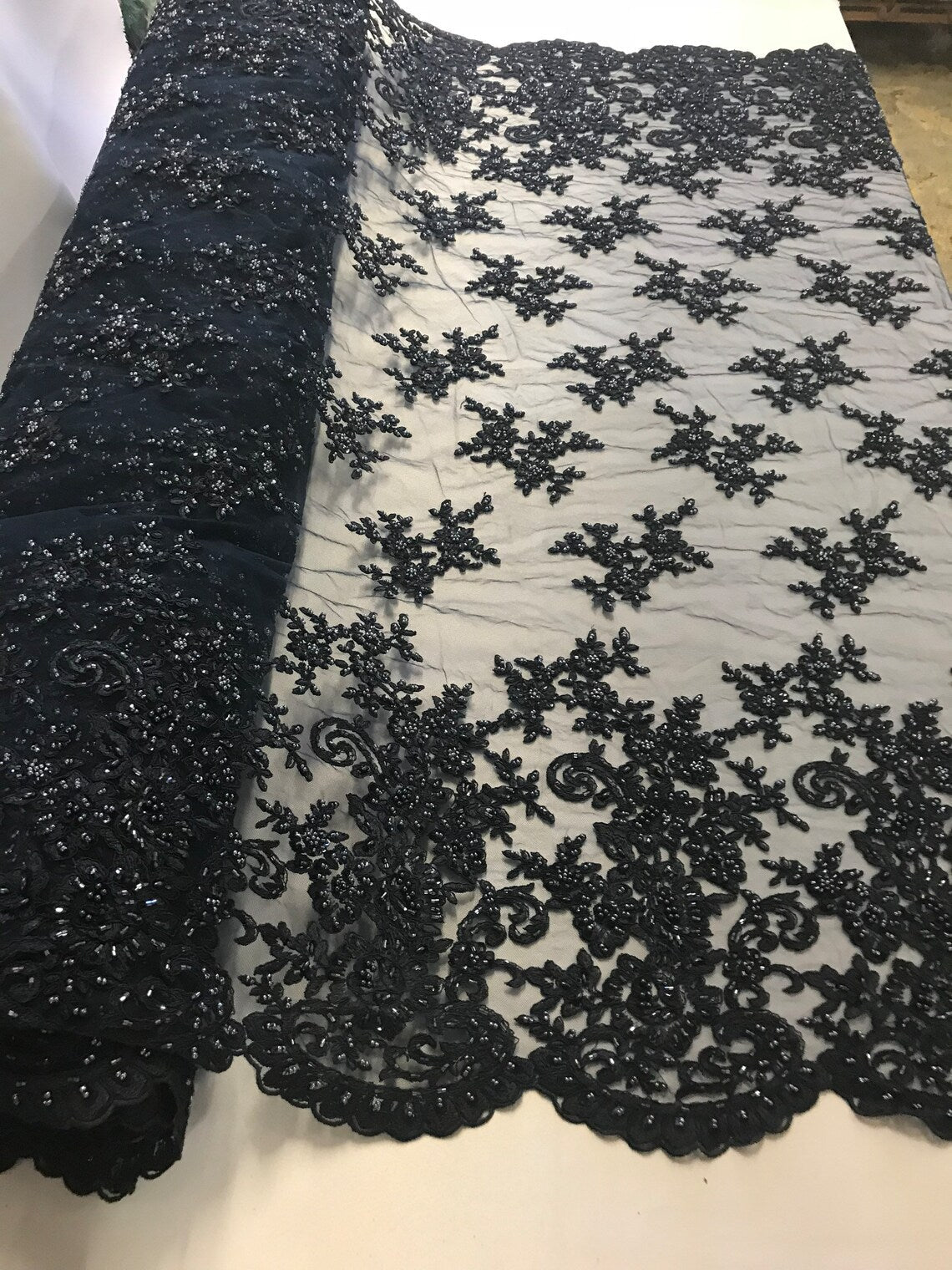 Beaded Bridal Lace, Sold By The Yard Embroidered Floral Wedding Beaded Fabric with Sequin