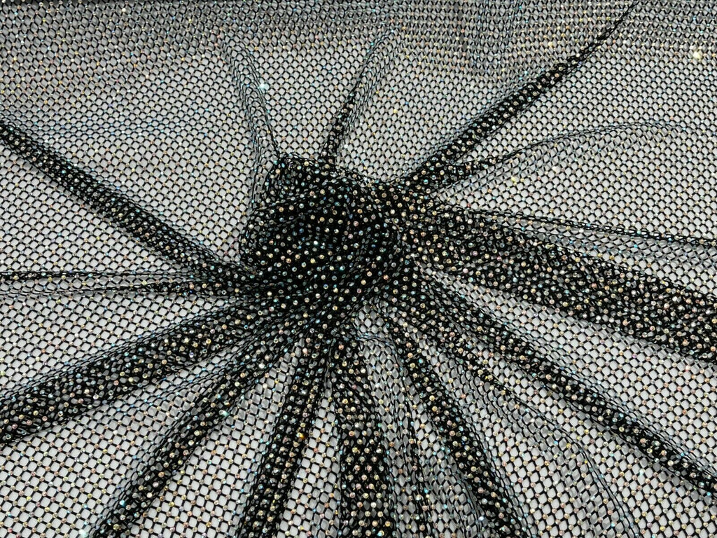 Iridescent Rhinestones Fabric On Black Stretch Net Fabric, Fish Net with Crystal Stones by yard