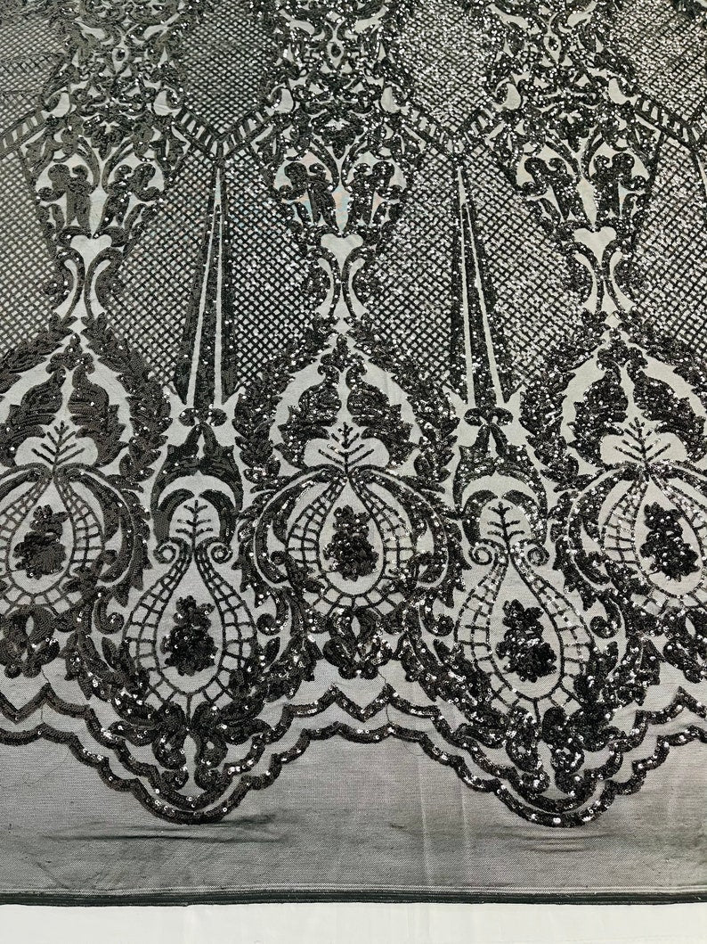 Black Sequins Fabric on Mesh, DAMASK Design Embroidered on a 4 way Stretch By The Yard
