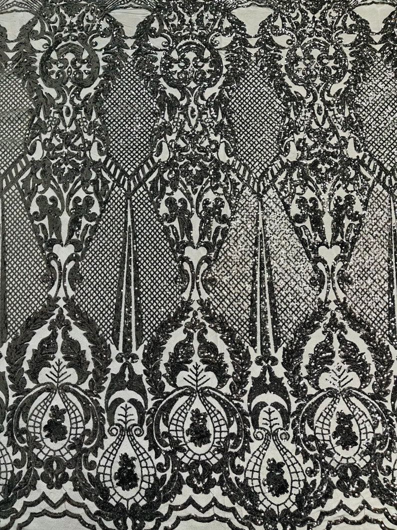 Black Sequins Fabric on Mesh, DAMASK Design Embroidered on a 4 way Stretch By The Yard
