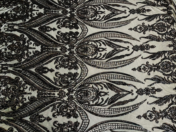 Big Damask Sequins Fabric - Black - 4 Way Stretch Damask Sequins Design Fabric By Yard