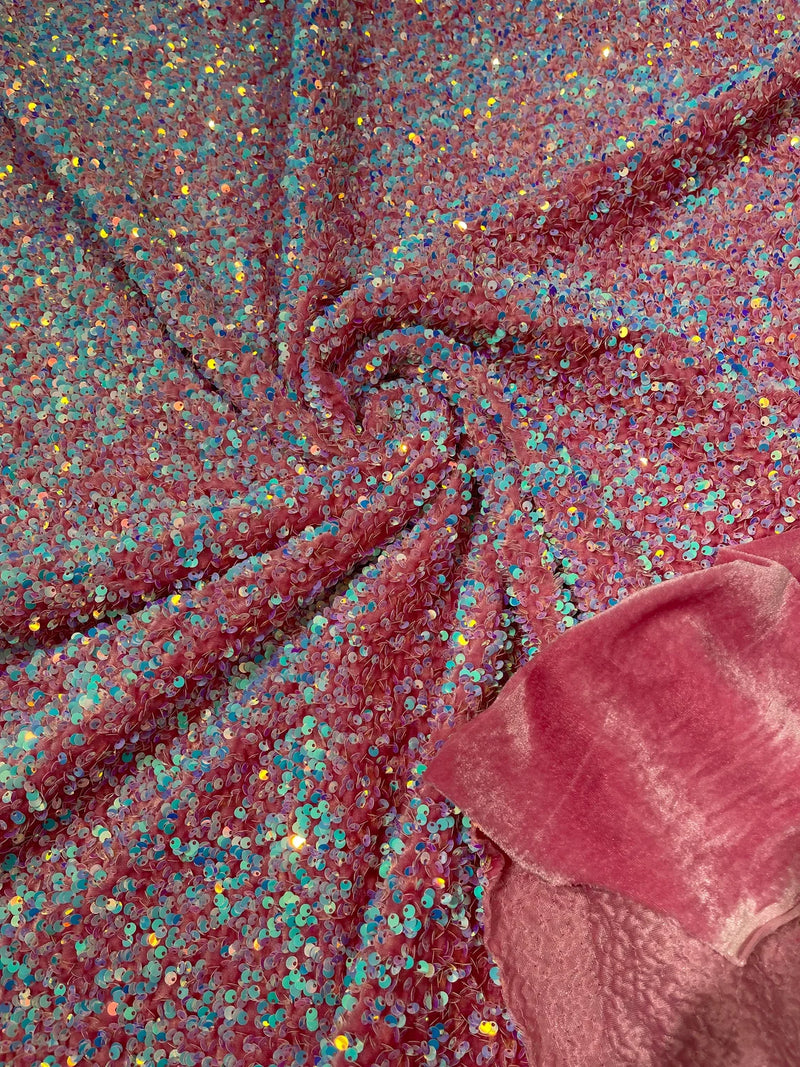 Stretch Velvet Sequins Fabric - Blue Iridescent on Pink - Velvet Sequins 2 Way Stretch 58/60” By Yard