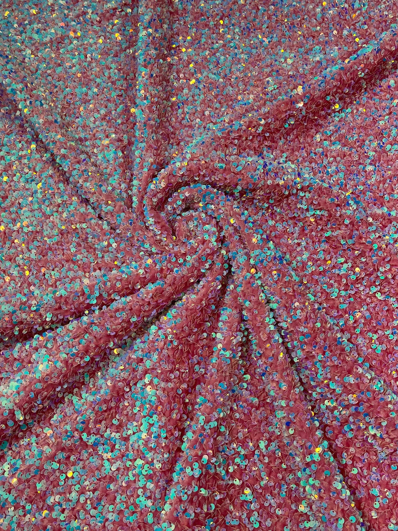 Stretch Velvet Sequins Fabric - Blue Iridescent on Pink - Velvet Sequins 2 Way Stretch 58/60” By Yard