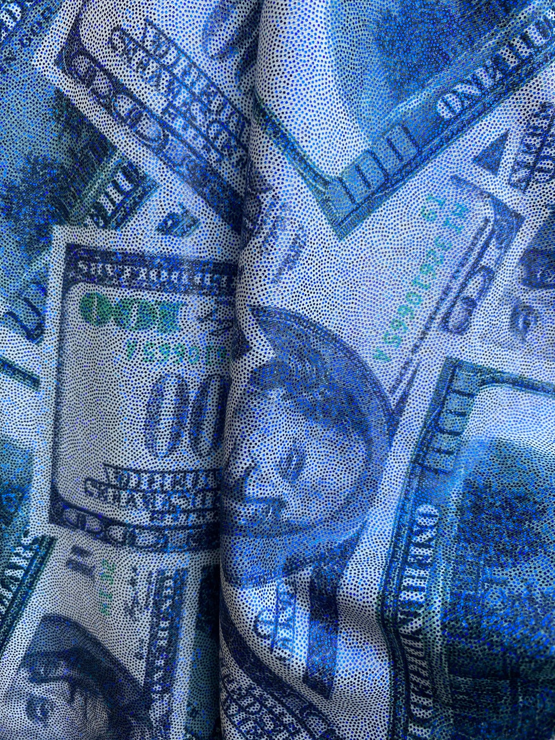 Money Print Fabric - Metallic Blue - 100 Dollar Bills Stretch Spandex Fabric By The Yard