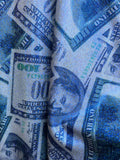 Money Print Fabric - Metallic Blue - 100 Dollar Bills Stretch Spandex Fabric By The Yard