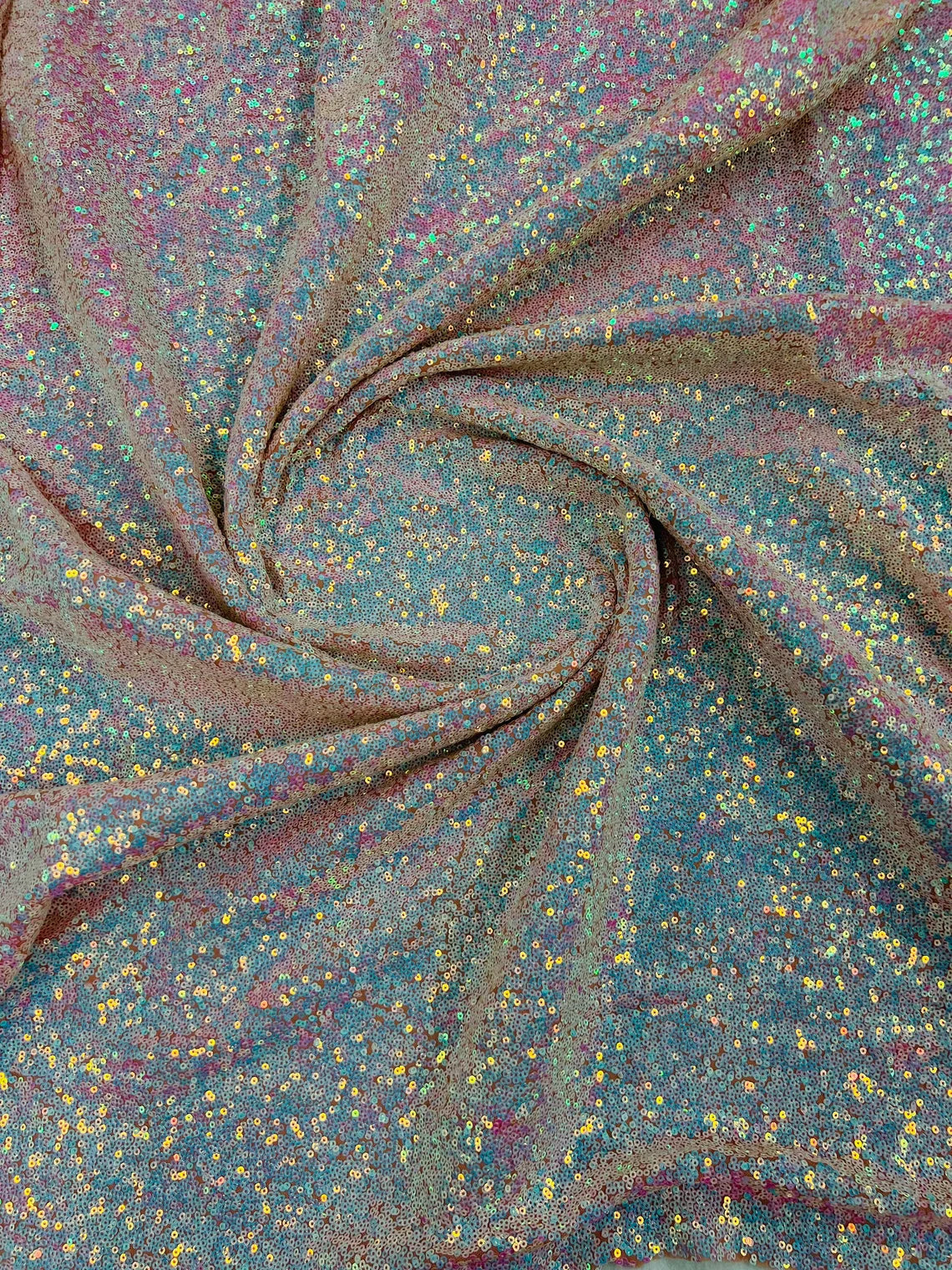 Mini Glitz Sequins - Iridescent Blue/ Pink on Nude Mesh - Mini Sequins 4 Way Stretch Mesh Fabric
