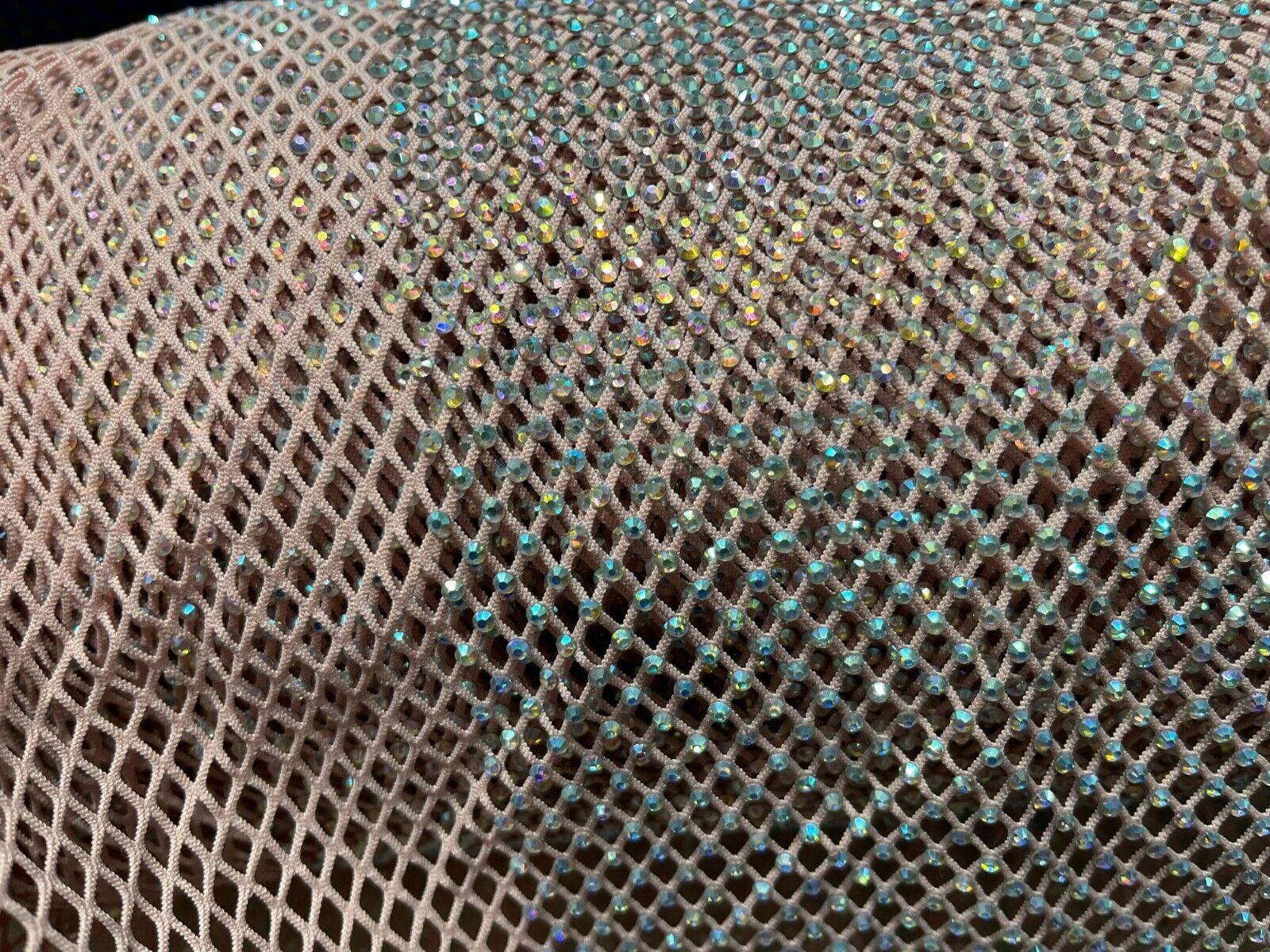 Iridescent Rhinestones Fabric On Stretch Net Fabric, Fish Net with Crystal Stones by yard