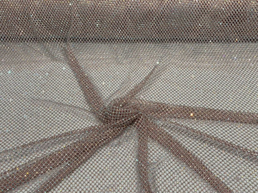 Iridescent Rhinestones Fabric On Stretch Net Fabric, Fish Net with Crystal Stones by yard