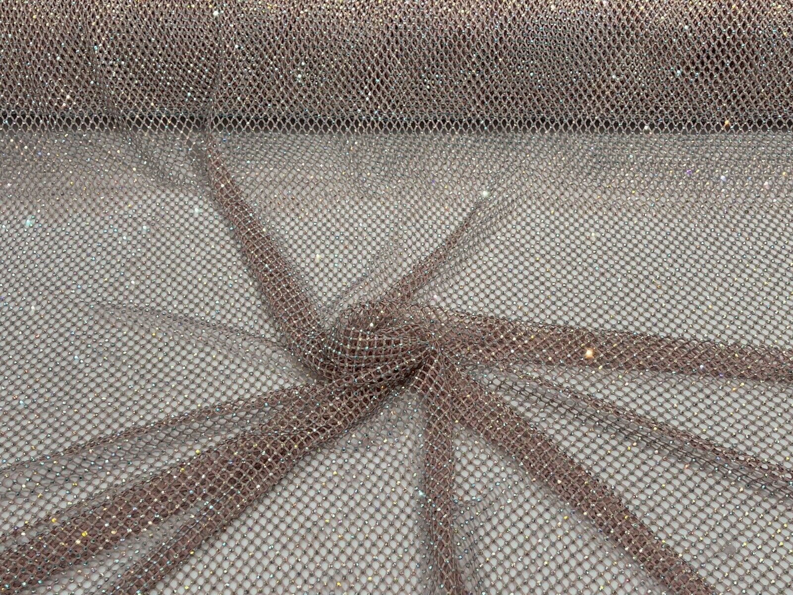 Iridescent Rhinestones Fabric On Stretch Net Fabric, Fish Net with Crystal Stones by yard
