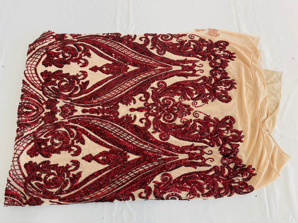 Big Damask Sequins Fabric - Burgundy - 4 Way Stretch Damask Sequins Design Fabric By Yard