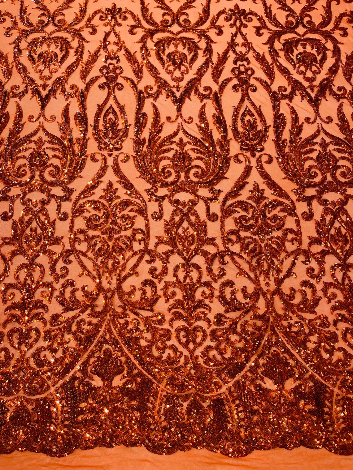 Damask Decor Sequins - Burnt Orange - 4 Way Stretch Design High Quality Fabric By Yard