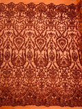 Damask Decor Sequins - Burnt Orange - 4 Way Stretch Design High Quality Fabric By Yard