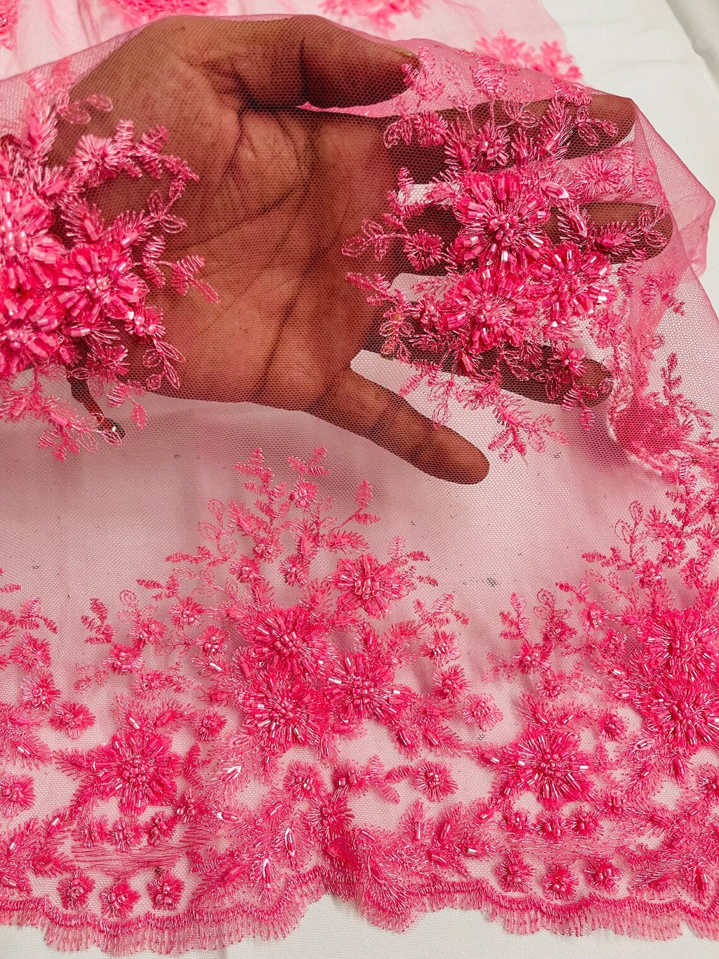Beaded Flower Cluster Fabric - Candy Pink - Beaded Floral Gaviota Design Embroidered On Mesh Sold By Yard